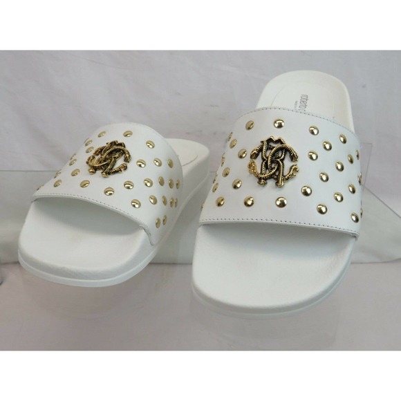 ROBERTO CAVALLI WHITE LEATHER SNAKE MEDALLION LOGO STUDS SANDAL 42.5 / 9.5 ITALY - Picture 1 of 12